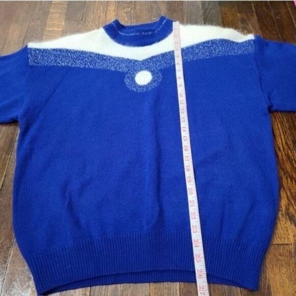 Vintage 80's Blue Silver Sparkles Geometric Wool Blend Cozy Sweater - Picture 8 of 11